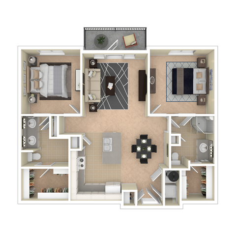 Floor plan for 2 beds, 2 baths, 1080 sqft